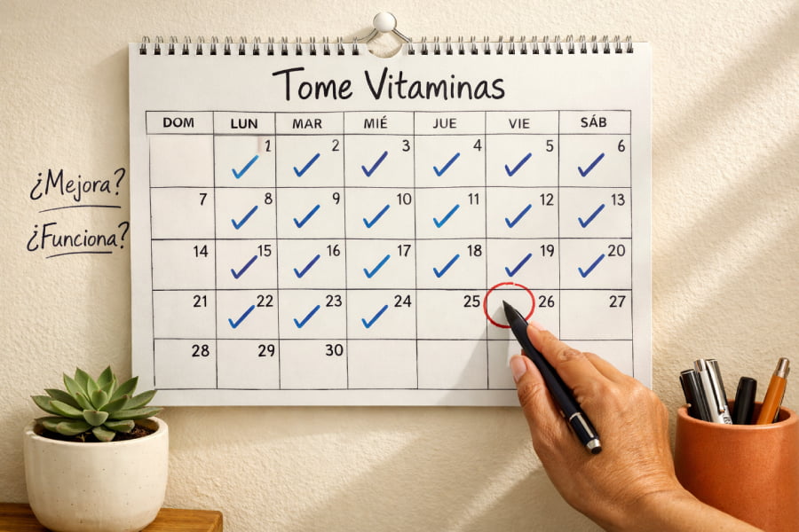 Calendario de pared con marcas de seguimiento de vitaminas y pregunta escrita '¿la vitamina mejora algo?', planta terracota, tracking síntomas menopausia