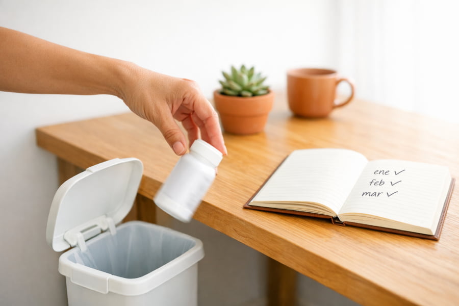 Mano de mujer tocando frasco de suplementos con diario abierto y planta suculenta, momento de decisión cambio suplementación hormonal